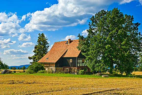 Foto von Peter Hennig PIXELWERKSTATT Feld mit Umgebindehaus bei Obercunnersdorf im Sommer